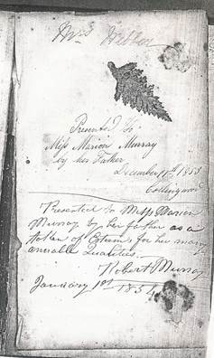 Handwritten inscription from Robert Murray to Marion, December 1853 / January 1854