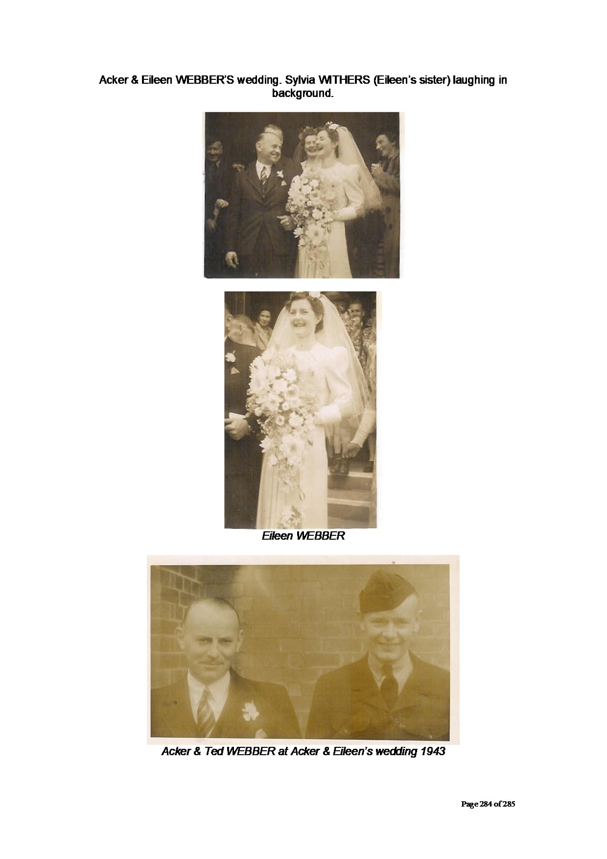 Acker & Eileen Webber's wedding — Acker and Eileen leaving church — outdoor wedding photo, Acker (dark suit, white carnation) and Eileen (white gown, long veil, large cascading bouquet)