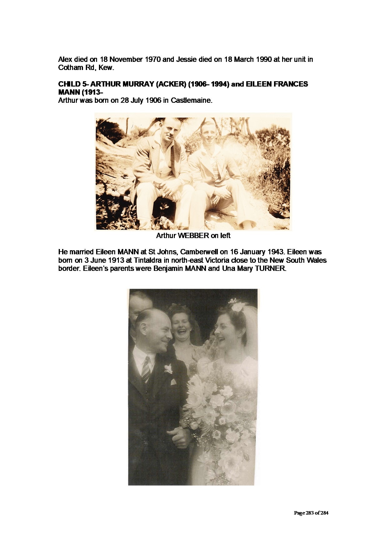 Acker and Eileen Webber's wedding — laughing group — outdoor wedding photo, Acker Webber, Sylvia Withers, Eileen Mann/Webber (bride, white gown, large cascading bouquet, laughing)