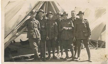 Military Training Camp, Seymour — J.Courdin, G.Healey, J.Guest, W.Wilson, A.Fitzgerald, E.Appel, Acker Webber — seven soldiers in khaki uniform and slouch hats