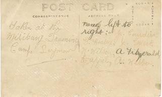 Postcard reverse: 'Taken at the Military Training Camp Seymour — Names left to right: J. Condon, J. Walsh, J. Wilson, A. Fitzgerald, Webber, A. Kile'
