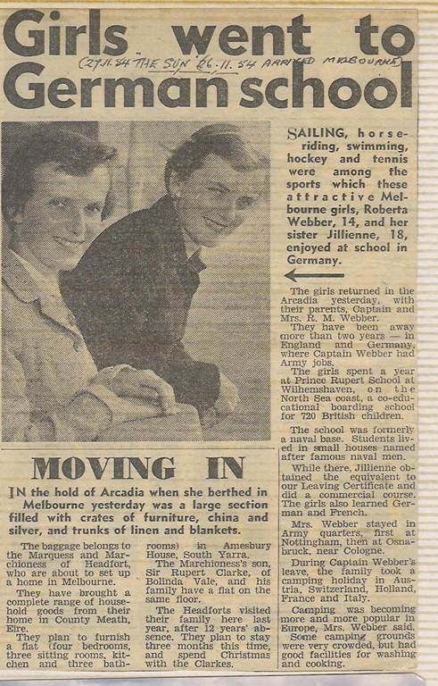 The Sun newspaper feature — 'Girls went to German school' (27.11.54) — large clipping with headline, portrait of Bobbie and Jillienne Webber