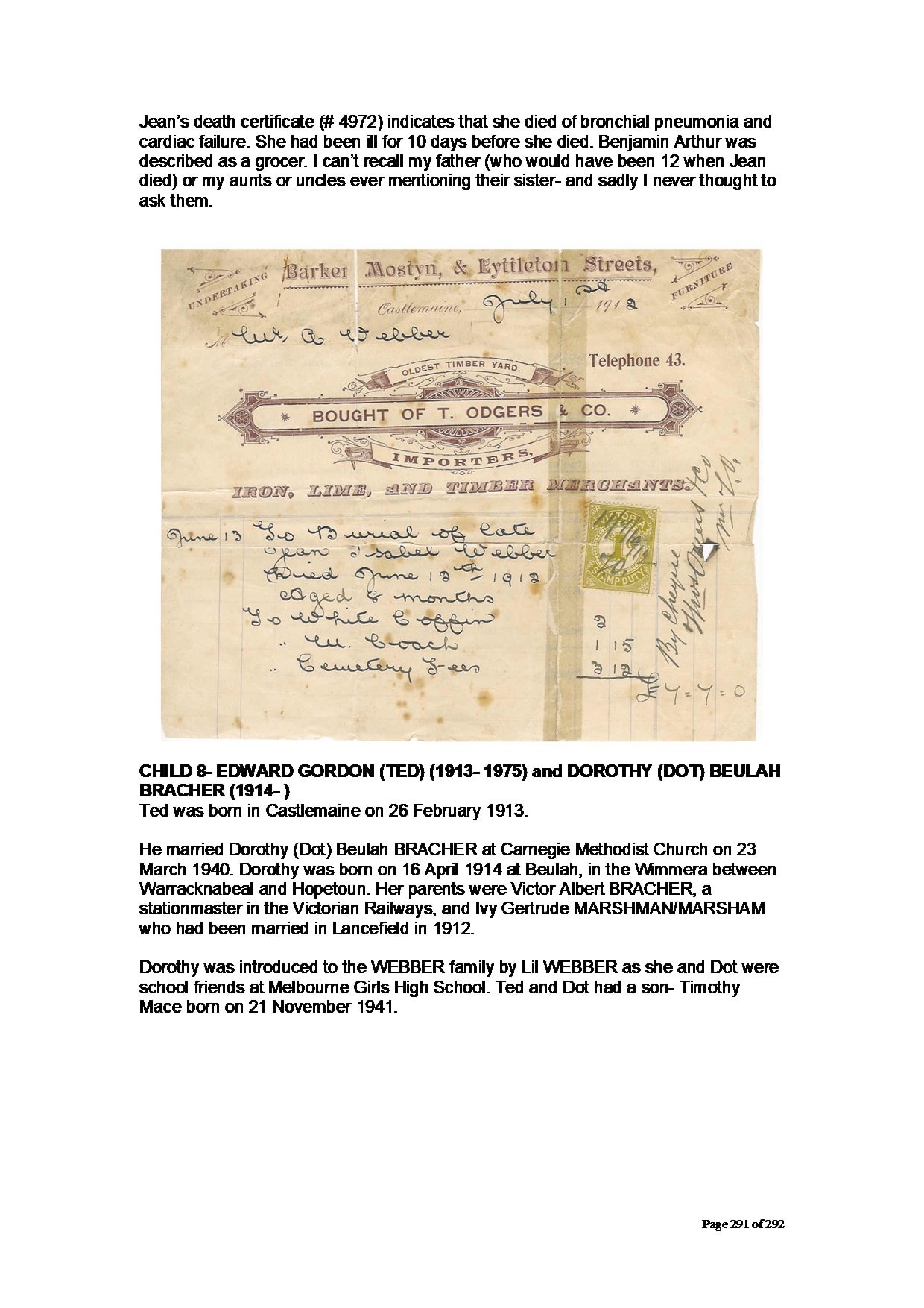 Jean Isobel Webber funeral receipt — T. Odgers & Co., Castlemaine, July 1 1912 — handwritten receipt: 'To Burial of Late Jean Isobel Webber, Died June 12th 1912, Aged 8 months'