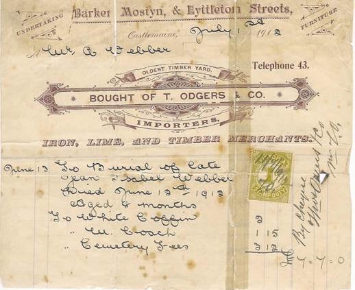 Jean Isobel Webber second funeral receipt — T. Odgers & Co., Castlemaine, June 1912 — handwritten receipt for burial of Jean Isobel Webber, £7.7.0