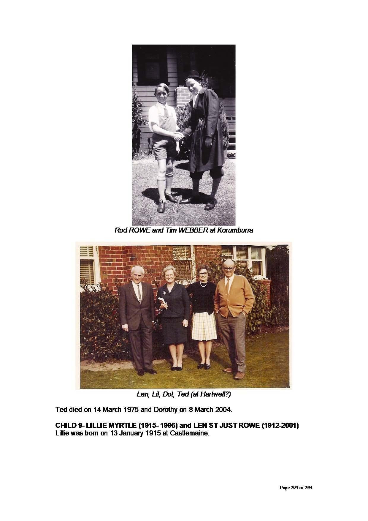 Len, Lil, Dot, Ted (at Hartwell?) — outdoor colour photo, four people on lawn in front of brick house: Len Rowe, Lil Rowe, Dot Webber, Ted Webber