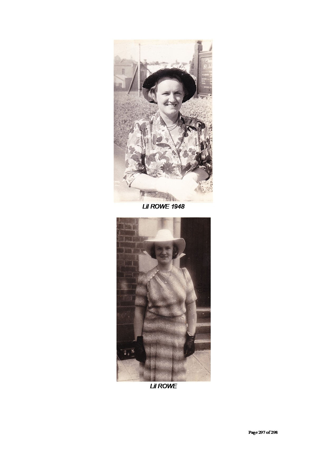 Lil Rowe — outdoor portrait, woman in striped/textured dress with dark gloves and large white hat, standing on church steps/footpath, brick building behind