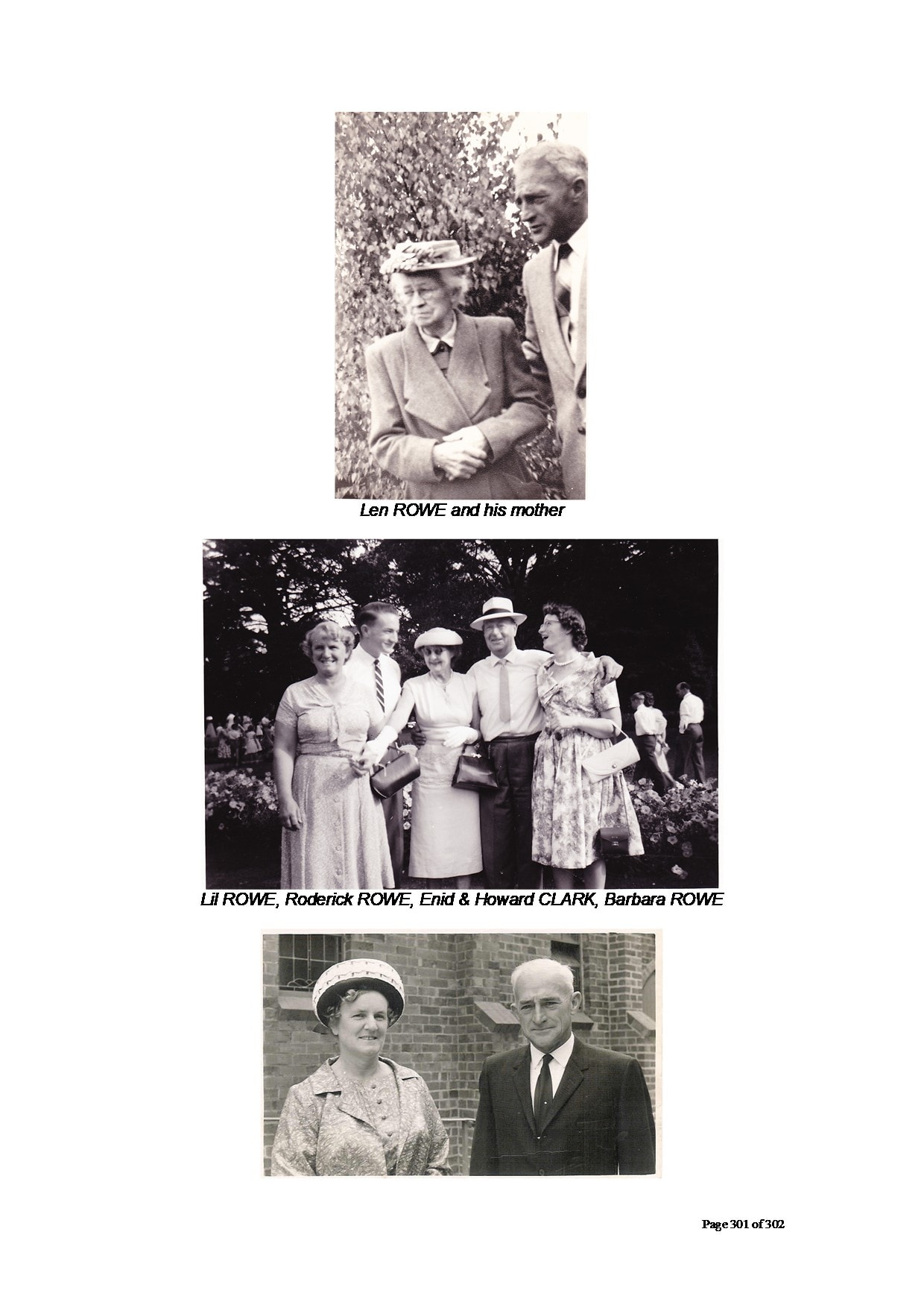 Lil Rowe, Roderick Rowe, Enid & Howard Clark, Barbara Rowe — outdoor group, five people in garden: Lil (long pale dress), Roderick (dark suit), Enid Clark (white dress and hat), Howard Clark, Barbara (floral dress)