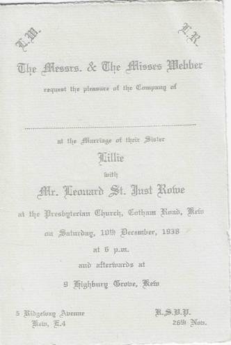 Second copy of Lil Webber wedding invitation — Presbyterian Church, Cotham Road Kew, 10 December 1938 — formal printed invitation card