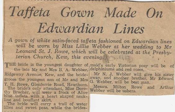 Newspaper clipping: 'Taffeta Gown Made On Edwardian Lines' — second wedding newspaper article for Lil Webber and Leonard Rowe, Presbyterian Church Kew, 10 December 1938