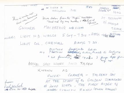 Handwritten annotation card dated October 3, 1942, Ward St Brighton 3186 — identifying the Kokoda Track photograph: General MacArthur and cigar, Lieut N.D. Walsh (5 Coy 7 Div ABSC), Lieut Col. Chenall (AAMC 7 Div), at Ower's Corner — the exact spot at the start of the Golden Staircase of 2000 steps, first ridge of Owen Stanley Range. Annotated by N.D. Walsh