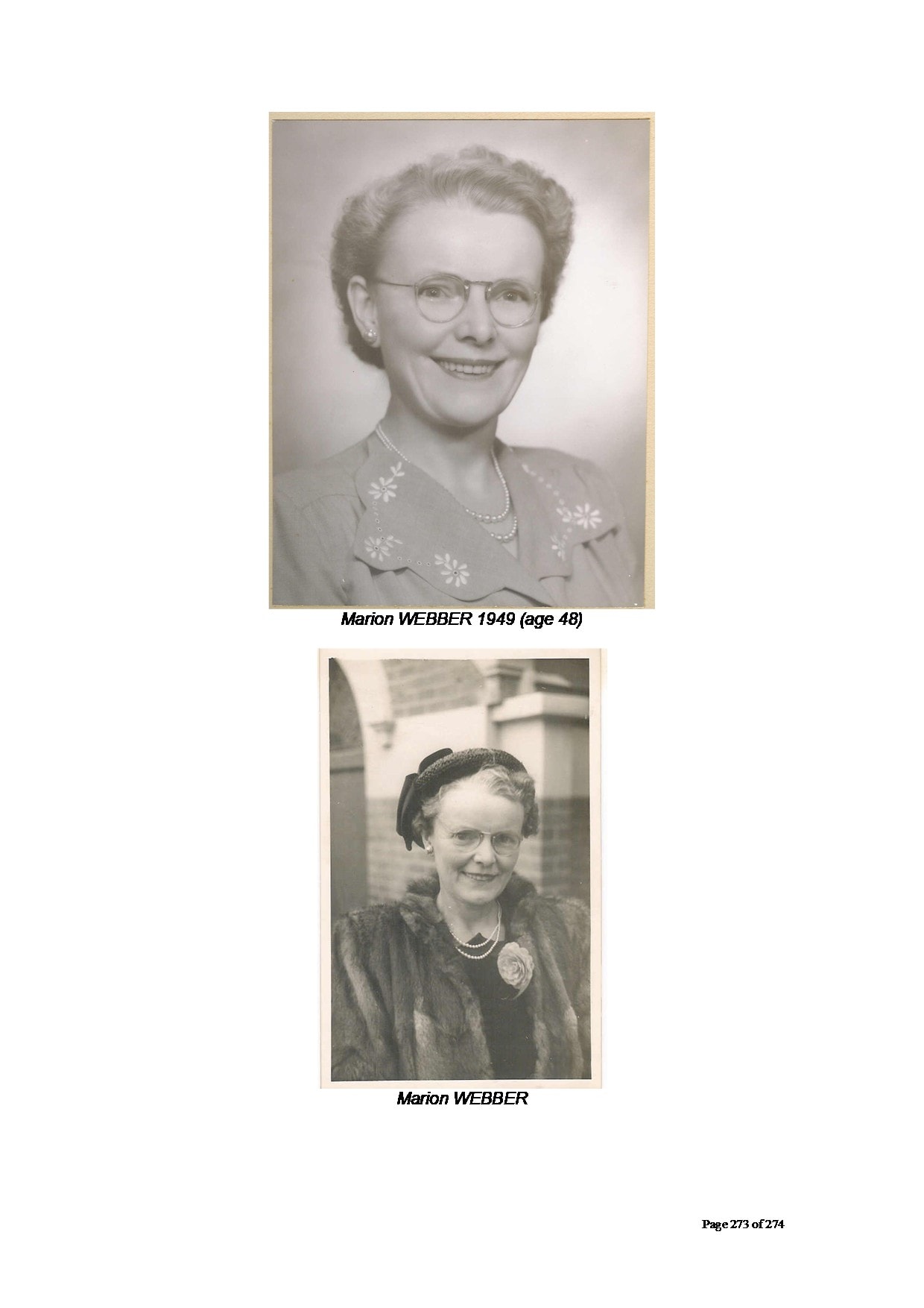 Marion Webber 1949 (age 48) — formal studio portrait, middle-aged woman with short wavy grey-blonde hair, embroidered floral collar, pearl necklace and earrings, glasses