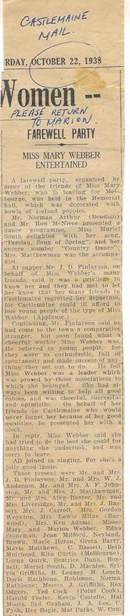 Castlemaine Mail, Saturday October 22, 1938 — 'Women — Farewell Party / Miss Mary Webber Entertained' — full newspaper clipping
