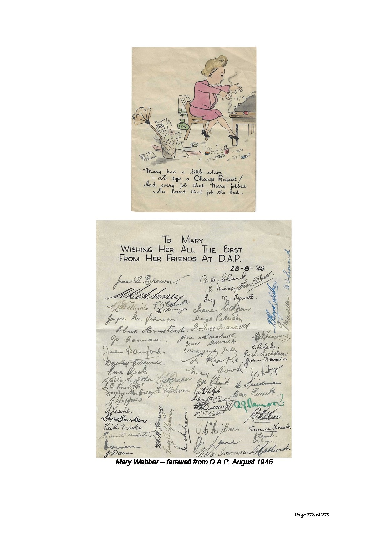 Illustrated farewell card — hand-drawn cartoon of woman at typewriter, verse: 'Mary had a little whim, — To type a Change Request!'