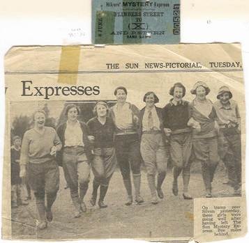 Hikers' Mystery Express ticket 6 August 1932 + Sun News-Pictorial 7 August 1932 — Mary Webber, Jean Milford/Lewis, Jessie Webber and others hiking