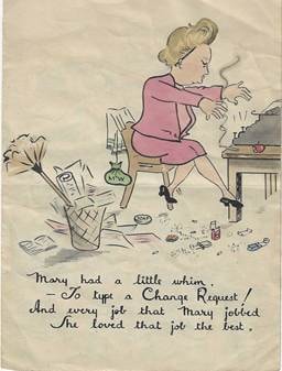 Hand-drawn cartoon with verse: 'Mary had a little whim — To type a Change Request! And every job that Mary jobbed She loved that job the best.' — humorous farewell card for Mary Webber from D.A.P. colleagues