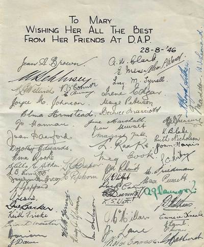 Handwritten farewell card: 'To Mary, Wishing Her All The Best From Her Friends At D.A.P., 28-8-46' — signed by dozens of colleagues