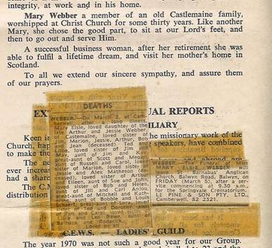 St Barnabas' Church of England, Balwyn April 1971 — church publication tribute to Mary Webber + DEATHS notice clipping + Funeral notice
