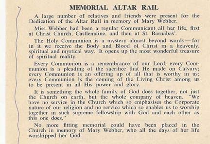 St Barnabas' Church of England, Balwyn February–March 1974 — Memorial Altar Rail dedication notice for Mary Webber