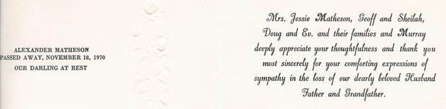 Alexander Matheson sympathy acknowledgment card: 'Passed Away, November 18, 1970 — Our Darling at Rest' — Mrs. Jessie Matheson, Geoff and Sheilah, Doug and Ev. and their families and Murray