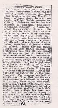 Newspaper clipping: Robertson–Strange wedding notice — Rose Robertson (daughter of Mr J.L. Robertson, 'Inverneige', Hall Street, Hawthorn) married Mr Ernest Strange of Main Street Ballarat; groomsmen J. Webber and Ernest Zimmer