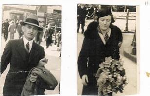 Two candid street photographs side by side: man in hat carrying a coat (left), woman in dark coat with flowers (right) — city street, c.1930s