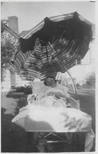 Rowe family baby in a large pram under a parasol/umbrella, outdoors, c.1940s