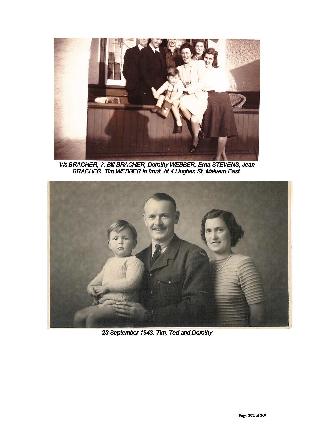 23 September 1943. Tim, Ted and Dorothy — large formal studio portrait: Tim Webber (small child in white knitted jumper on father's lap), Ted Webber (dark jacket, moustache), Dorothy Webber (striped knitted top, pearl necklace)