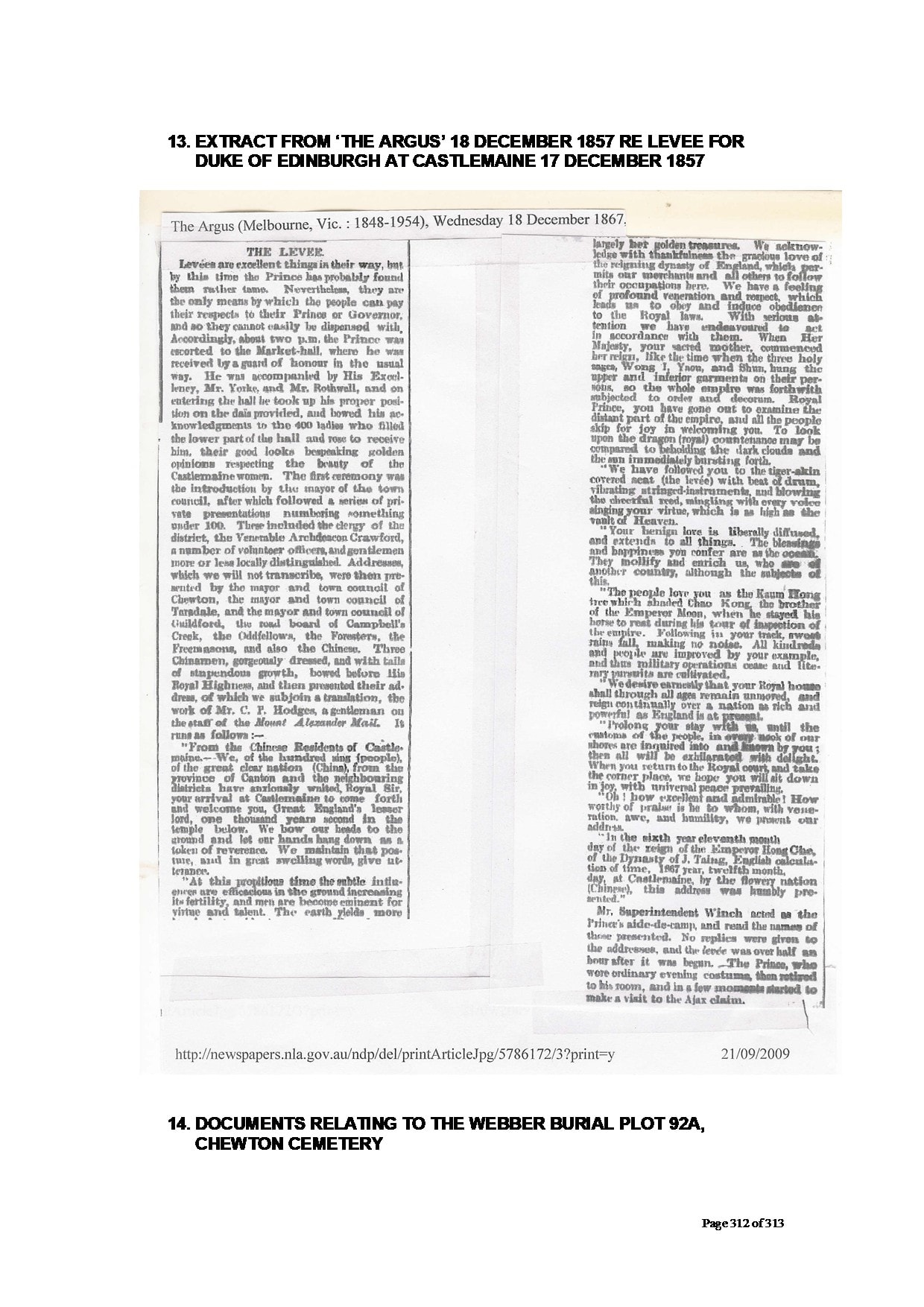 Extract from The Argus, 18 December 1857 — Levee for Duke of Edinburgh at Castlemaine