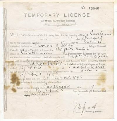 Marion Webber's Temporary Licence No. 15046, 1893, and Webber's Brighton Hotel and Store business card
