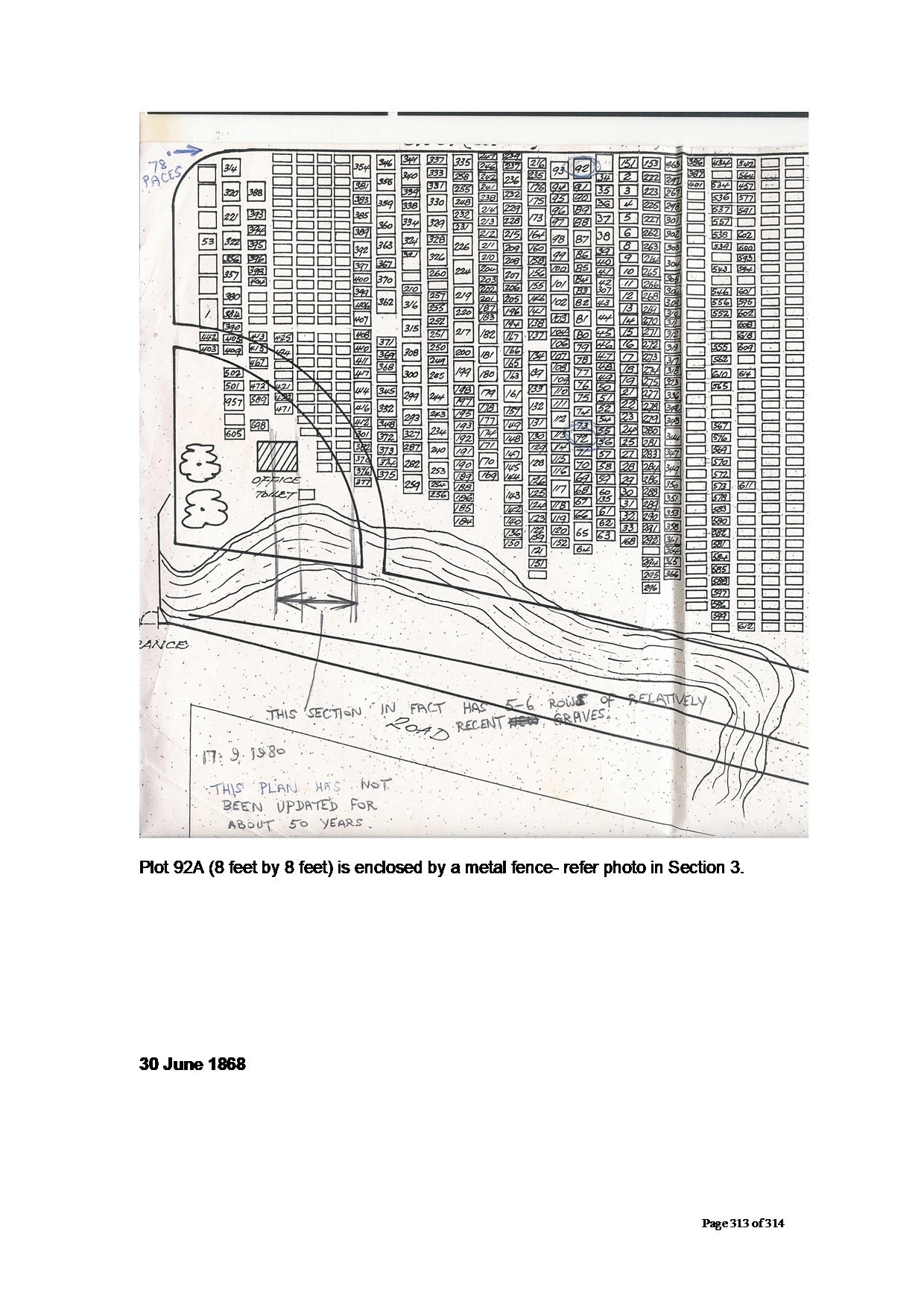 Chewton Cemetery plan, 30 June 1868 — hand-drawn grid of burial plots