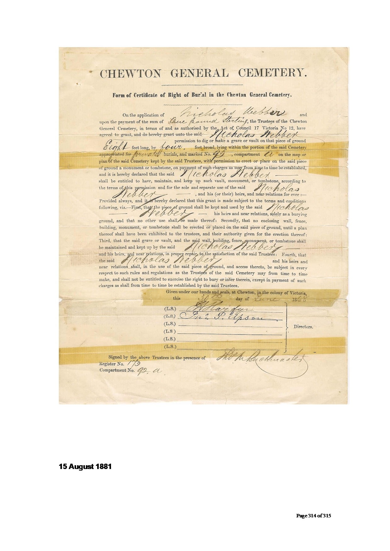 Chewton General Cemetery — Certificate of Right of Burial, 15 August 1881 (first certificate)