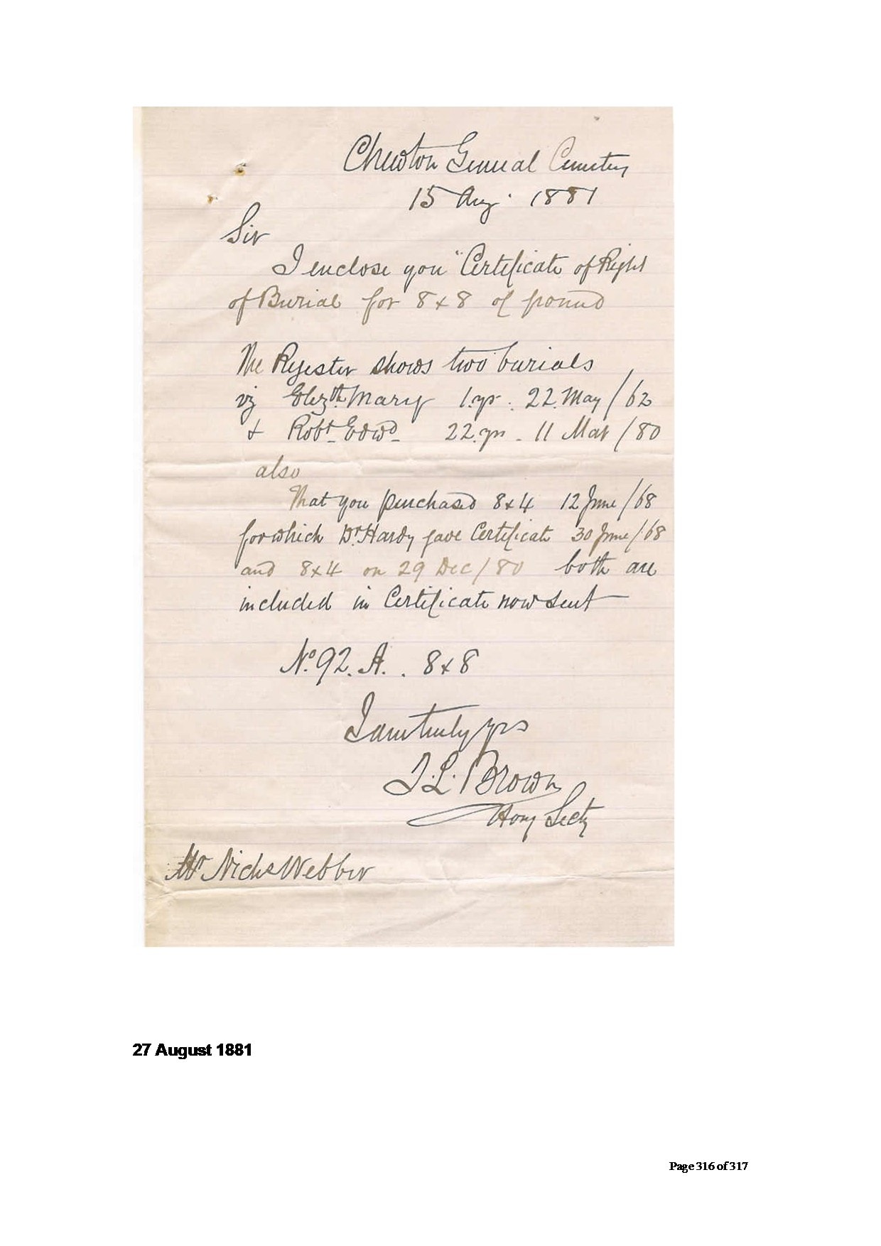 Chewton General Cemetery covering letter, 15 August 1881 — J.L. Brown to Nicholas Webber