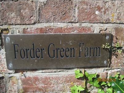 Forder Green Farm nameplate and house, photographed by Kay and Hilary Sutcliffe 2018