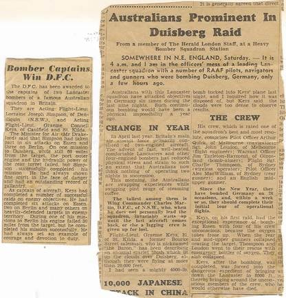 Newspaper clippings about Flight Lieutenant Graeme Keys DFC, RAAF, killed 1944