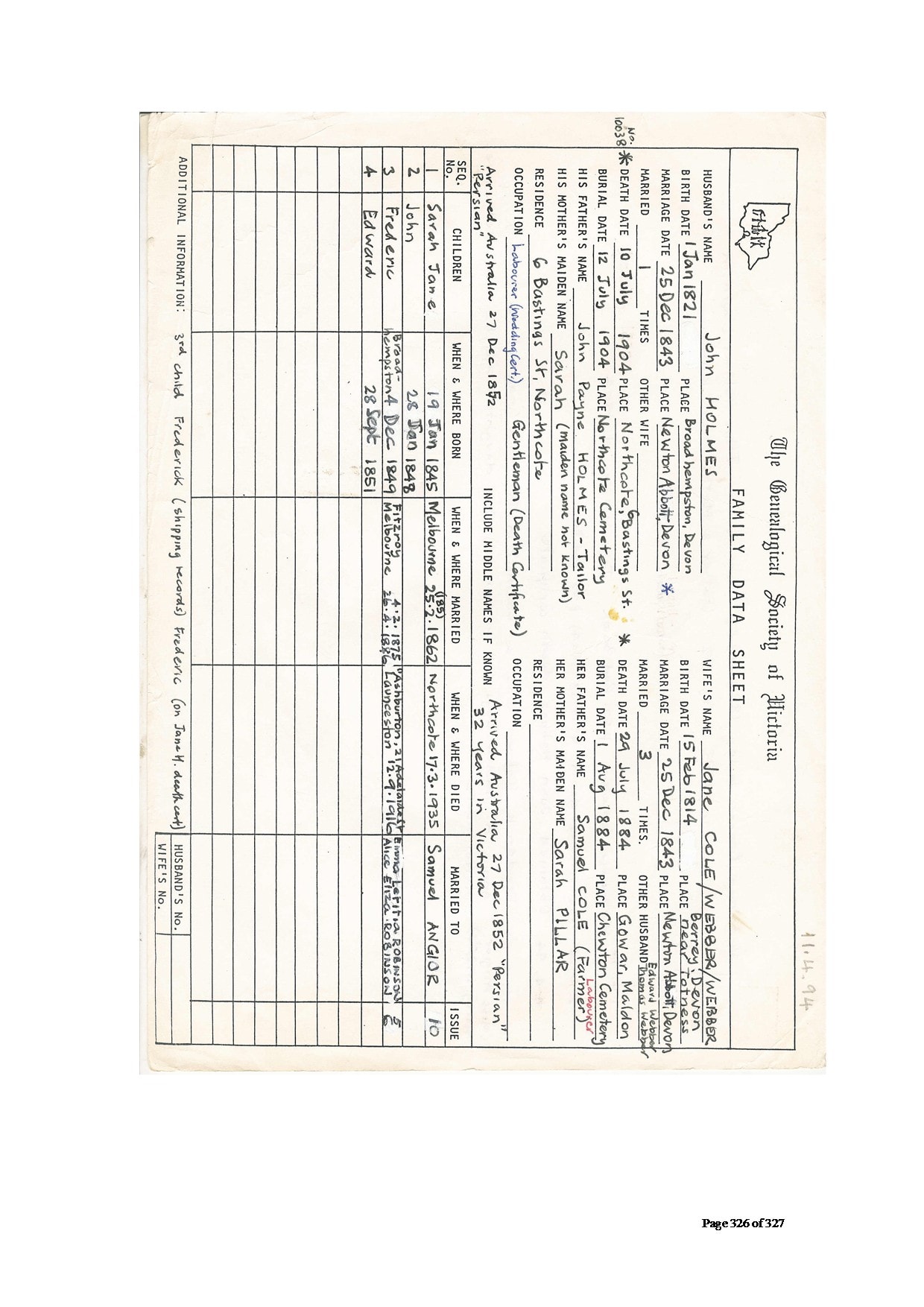 Genealogical Society of Victoria Family Data Sheet — John Holmes / Jane Cole/Webber