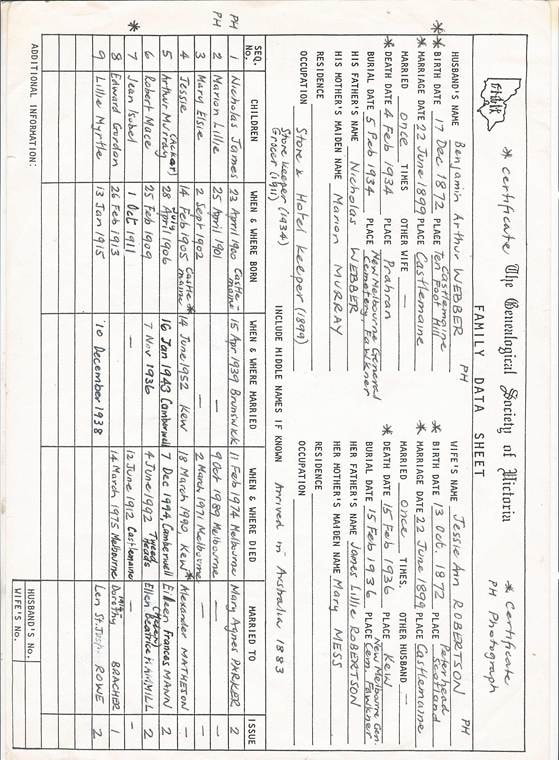 Genealogical Society of Victoria Family Data Sheet — Webber family, image 458