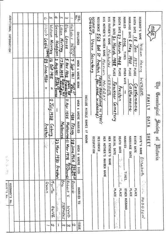 Genealogical Society of Victoria Family Data Sheet — Webber family, image 459