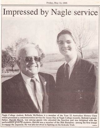 Harold Marsh (age 76) and grand-daughter Belinda McMahon, 1995 — Harold served on the Kokoda Trail