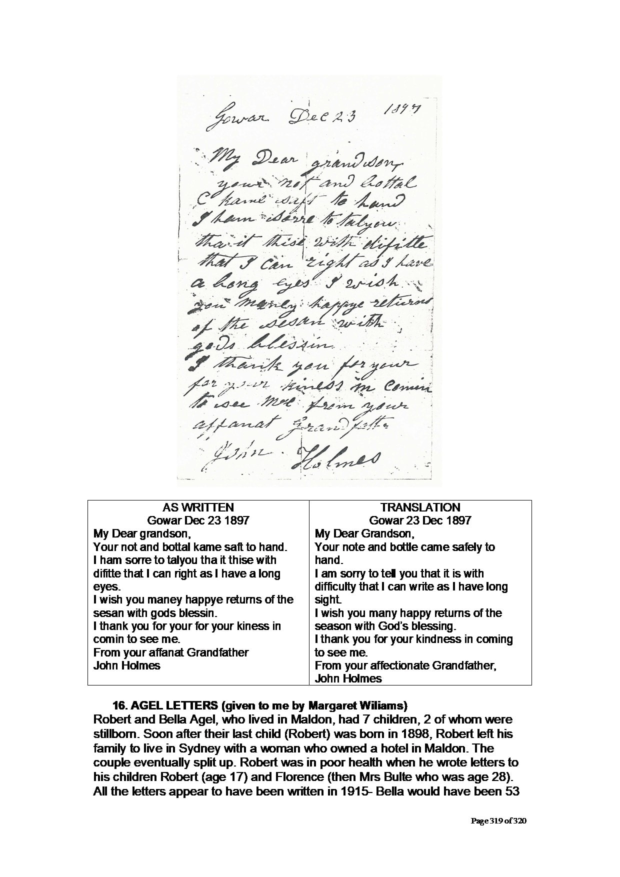 Facsimile of handwritten letter — John Holmes to grandson Frederic Thomas Holmes, Gowar 23 December 1897