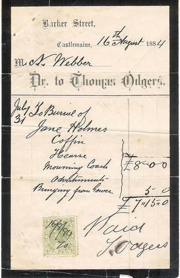 Jane Holmes funeral receipt, 1884