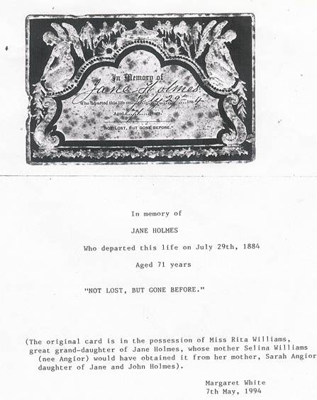Jane Holmes memorial card