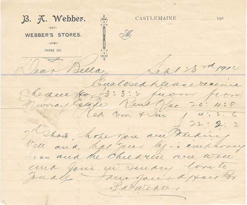 Facsimile of handwritten letter — B.A. Webber to Bella Agel, 13 September 1911, on B.A. Webber Webber's Stores Castlemaine letterhead, enclosing cheque from Murray estate rent