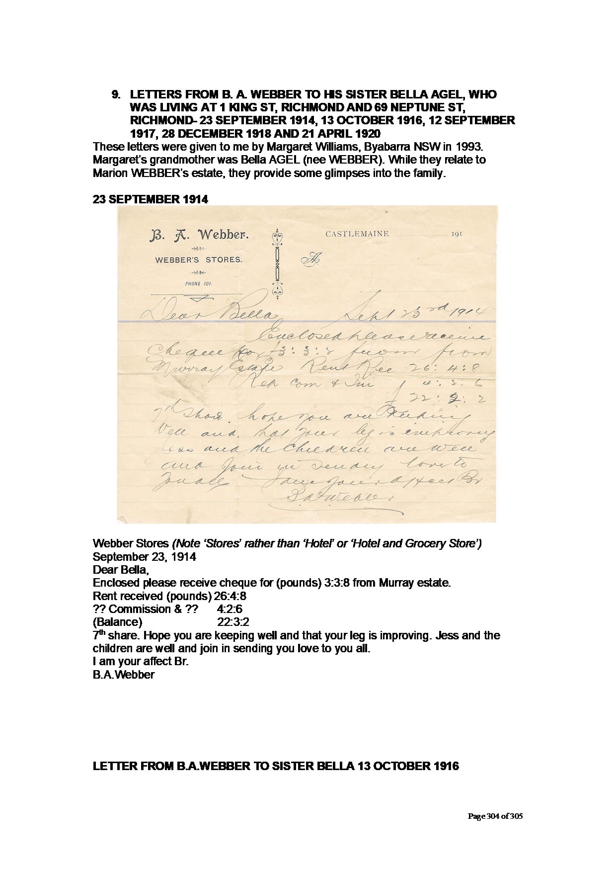 Facsimile of handwritten letter — B.A. Webber to Bella Agel, 23 September 1914