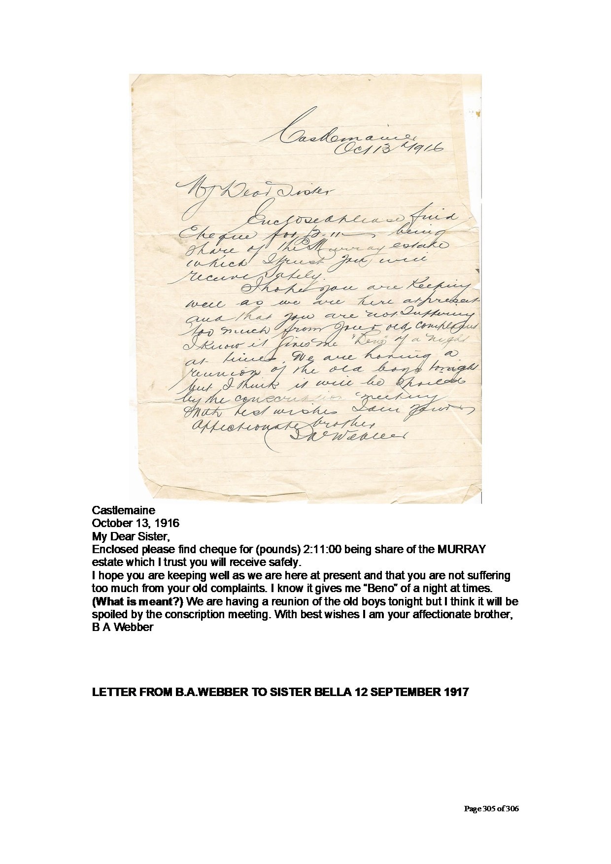 Facsimile of handwritten letter — B.A. Webber to Bella Agel, 13 October 1916