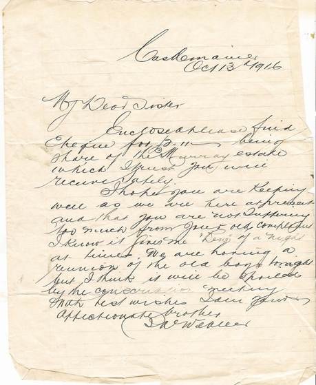 Facsimile of handwritten letter — B.A. Webber to Bella Agel, Castlemaine, 13 October 1916, enclosing Murray estate cheque; mentions conscription meeting spoiling old boys' reunion