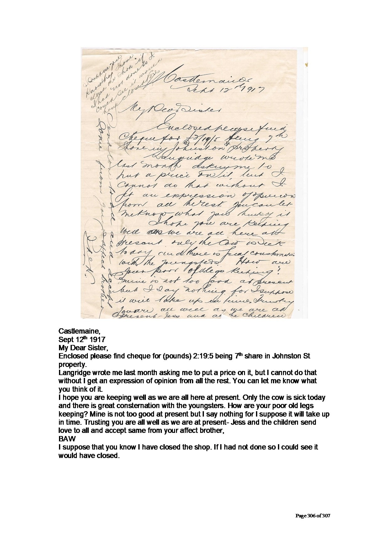 Facsimile of handwritten letter — B.A. Webber to Bella Agel, 12 September 1917