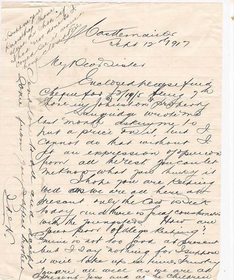 Facsimile of handwritten letter — B.A. Webber to Bella Agel, Castlemaine, 13 September 1917, enclosing cheque for Johnston property share; asks after 'poor little Olga'