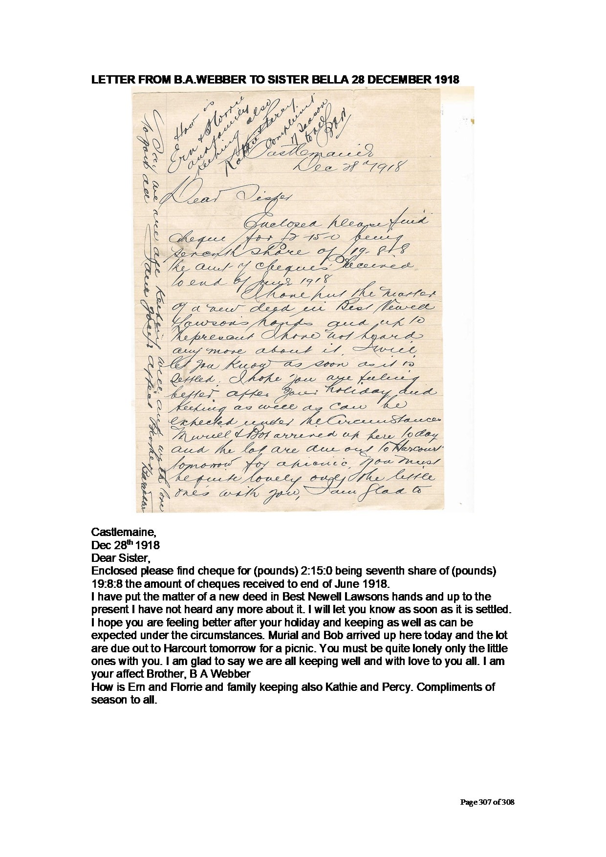 Facsimile of handwritten letter — B.A. Webber to Bella Agel, 28 December 1918