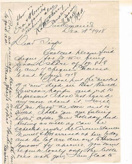 Facsimile of handwritten letter — B.A. Webber to Bella Agel, Castlemaine, 31 December 1918, enclosing cheque for seventh share; Muriel and Bob arrived; picnic at Harrow tomorrow