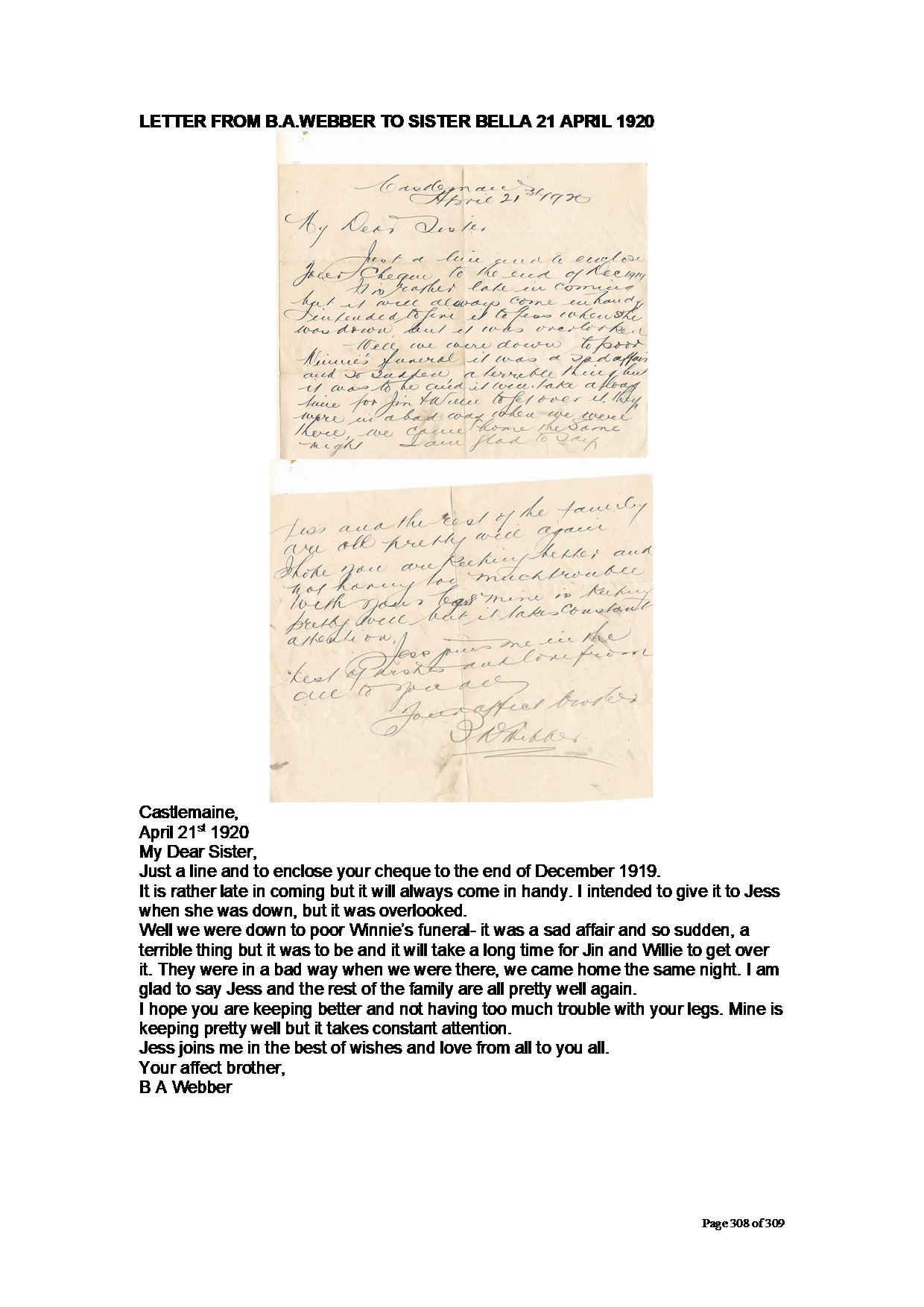 Facsimile of handwritten letter — B.A. Webber to Bella Agel, 21 April 1920